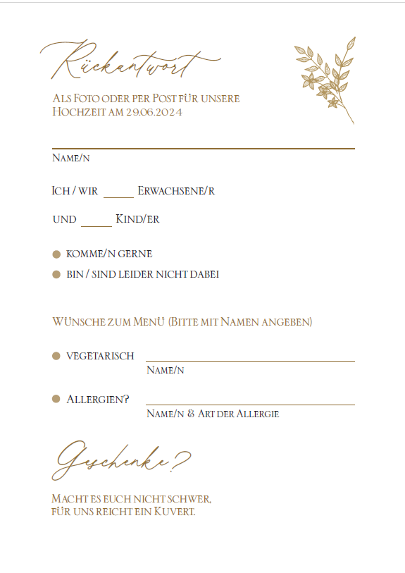 Hochzeit Rückantwortkarte